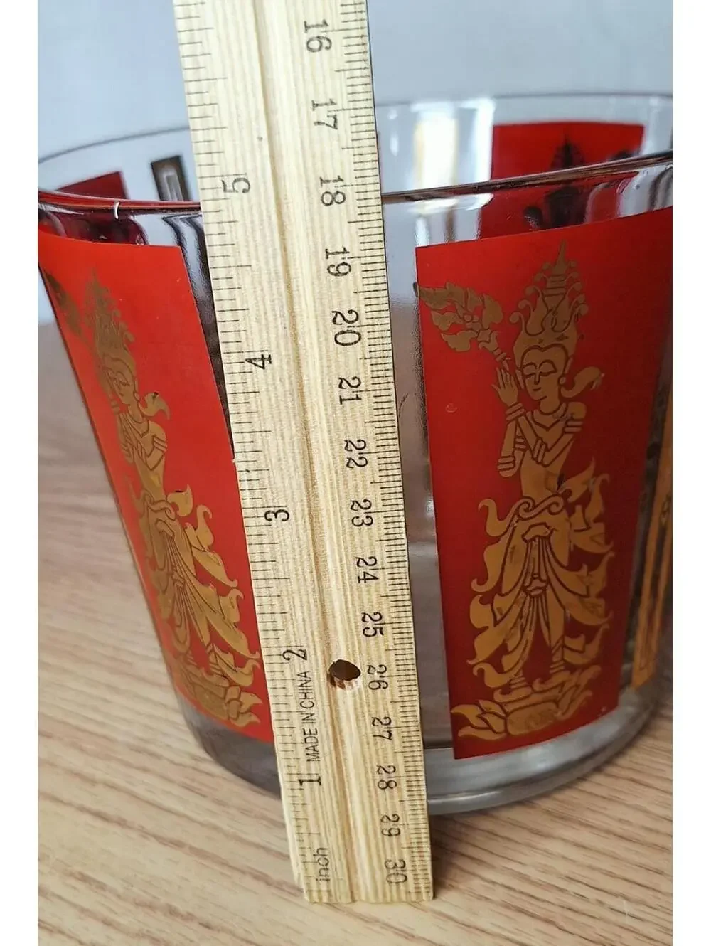 Culver VTG Siam Thai Dancers Red & 22K Gold Glass Ice Bucket MCM